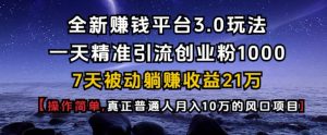 全新赚钱平台3.0玩法一天精准引流创业粉1000.7天被动躺Z收益21W【仅揭秘】-天娱网创