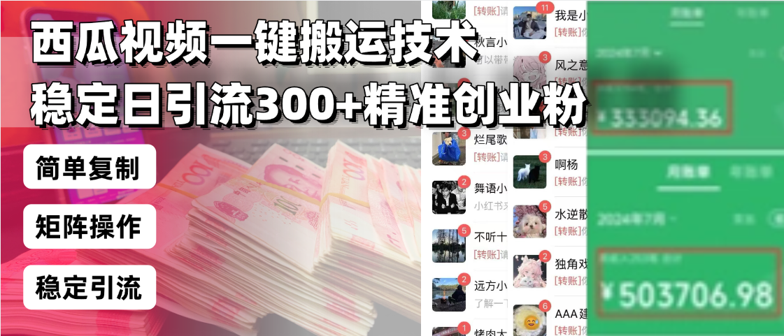 西瓜视频一键搬运技术,稳定日引流300+精准创业粉,简单可复制给团队,…-天娱网创