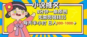 小说推文6.0，简单无脑，3分钟一个原创作品，每天半小时，日入300-1000...-天娱网创