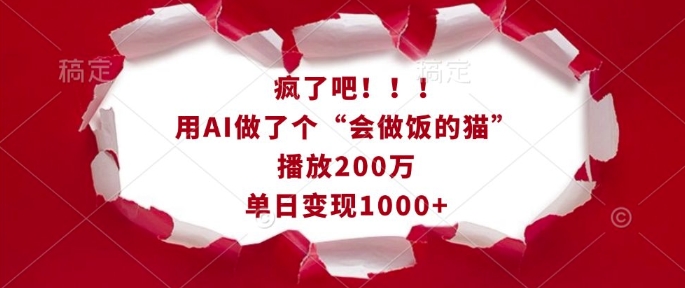 疯了吧！用AI做了个“会做饭的猫”，播放200万，单日变现1k-天娱网创