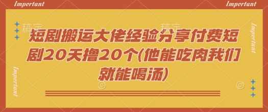 短剧搬运大佬经验分享付费短剧20天撸20个(他能吃肉我们就能喝汤)-天娱网创