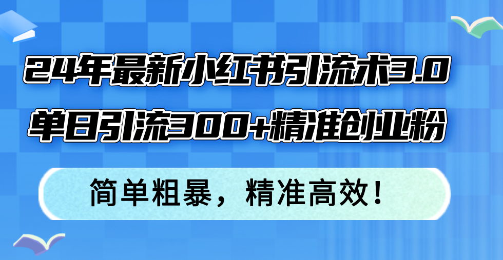 24年最新小红书引流术3.0，单日引流300+精准创业粉，简单粗暴，精准高效！-天娱网创