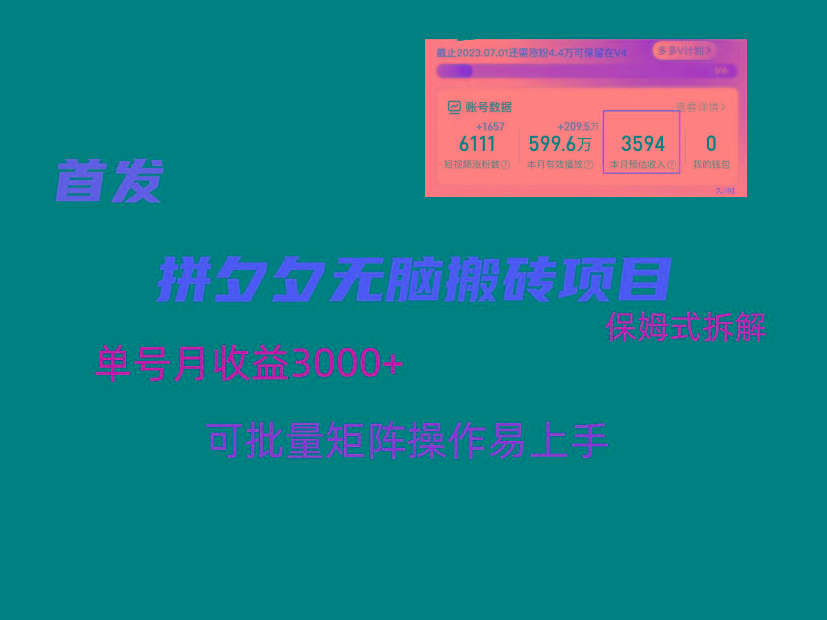 拼夕夕无脑搬砖，单号稳定收益3000+，保姆式拆解-天娱网创