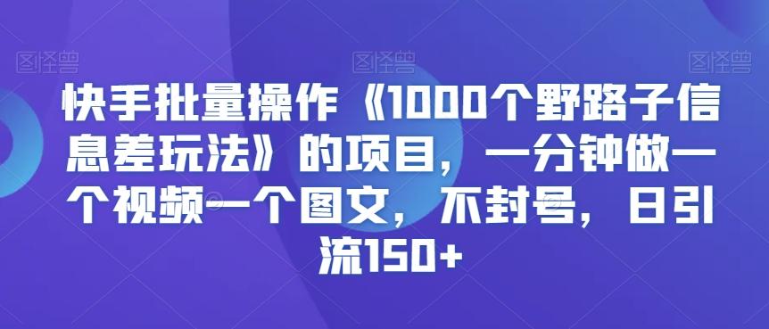 快手批量操作《1000个野路子信息差玩法》的项目，一分钟做一个视频一个图文，不封号，日引流150+【揭秘】-天娱网创