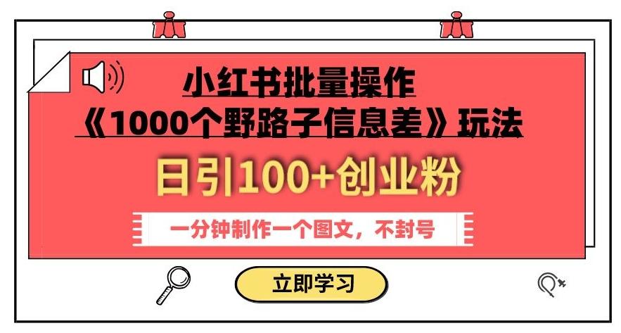 小红书批量操作《1000个野路子信息差》玩法，一分钟制作一个图文，不封号，日引100+创业粉-天娱网创
