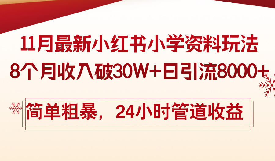 11月份最新小红书小学资料玩法，8个月收入破30W+日引流8000+，简单粗暴-天娱网创