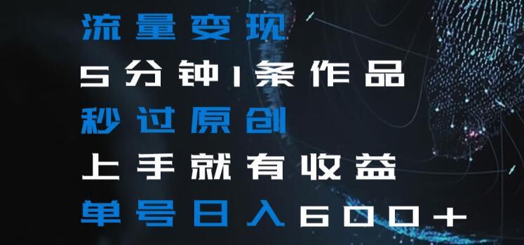 流量变现5分钟1条作品秒过原创上手就有收益单号日入600+【揭秘】-天娱网创