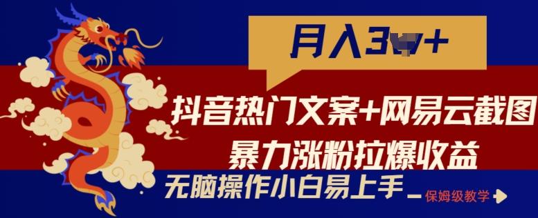 抖音热门文案+网易云截图暴力涨粉拉爆收益玩法，小白无脑操作，简单易上手【揭秘】-天娱网创