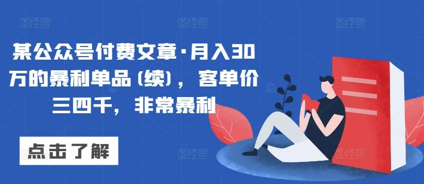 某公众号付费文章·月入30万的暴利单品(续)，客单价三四千，非常暴利-天娱网创