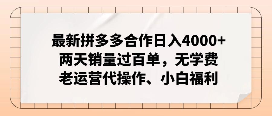 最新拼多多合作日入4000+两天销量过百单，无学费、老运营代操作、小白福利-天娱网创