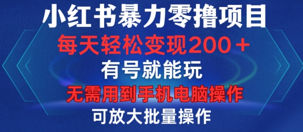 小红书暴力零撸项目，有号就能玩，单号每天变现1到15元，可放大批量操作，无需手机电脑操作【揭秘】-天娱网创